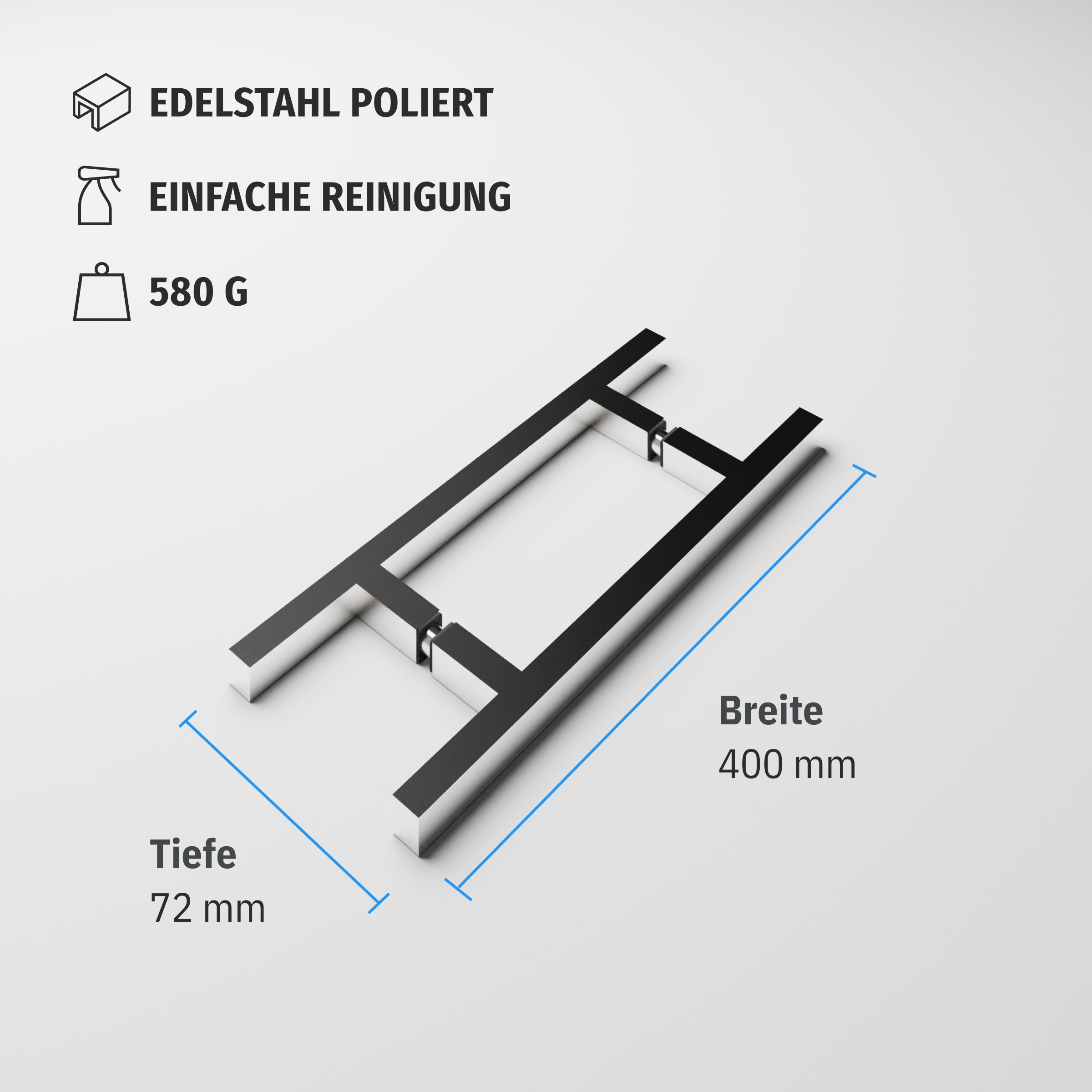 Eckige Griffstange 400 mm | beidseitig | Hochglanz | Lochabstand 250 mm