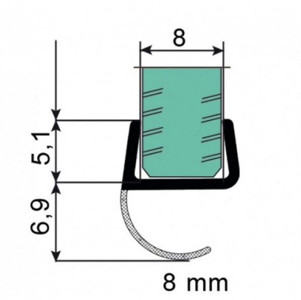 Seitliches Dichtungsprofil für 8 mm Glas, 2500 mm Länge - Spezialausführung