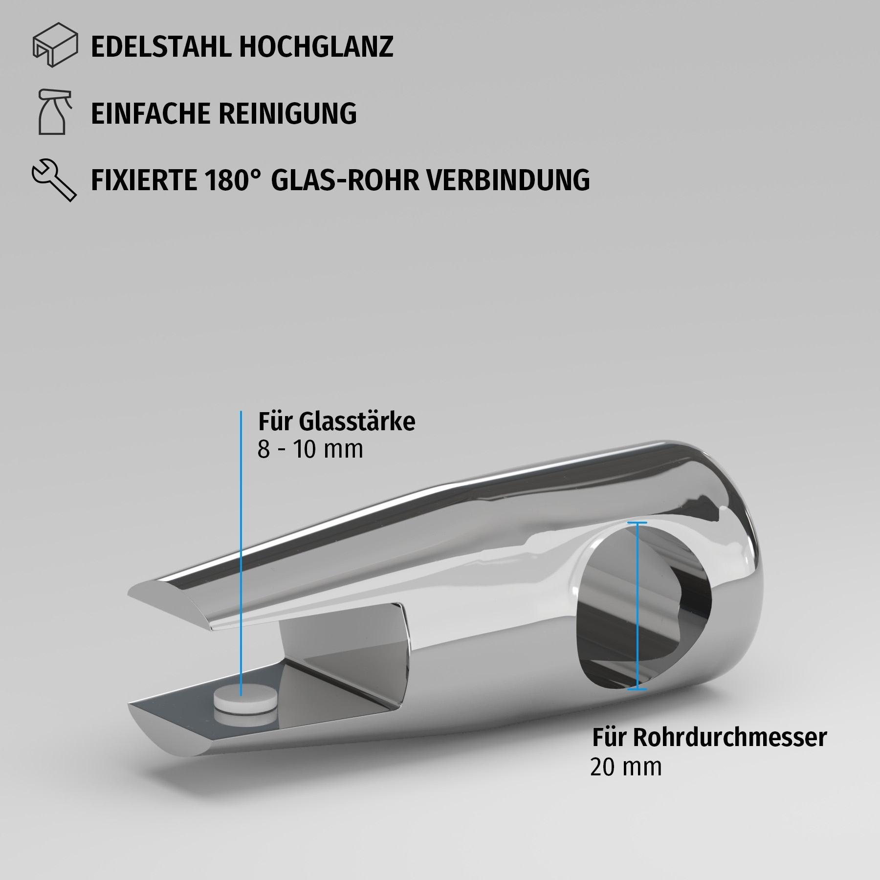 Glasklemme 180° für 20 mm Rundrohr | Hochglanz