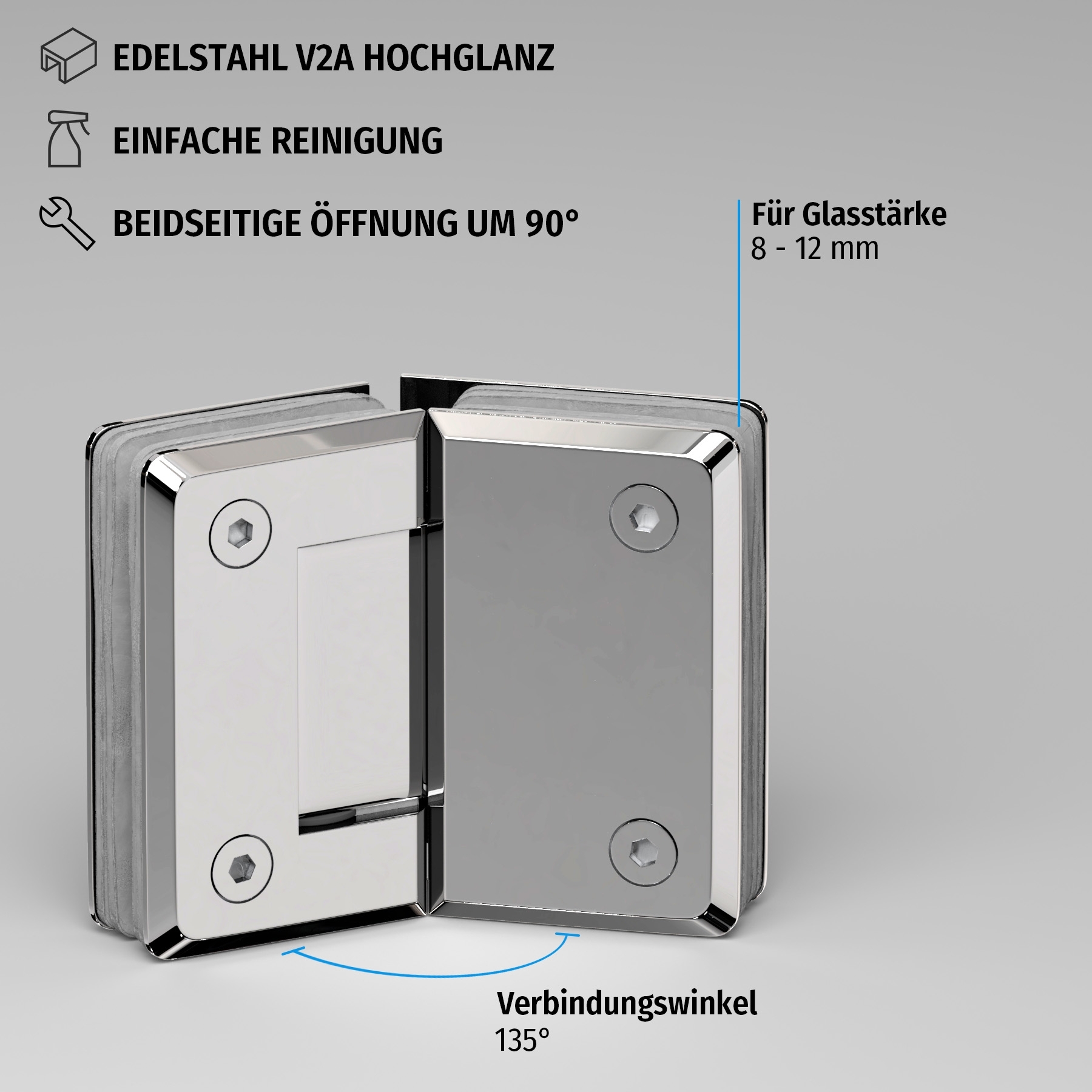 Scharnier Verbindung | Glas-Glas 135° | Hochglanz | R/L Anschlag