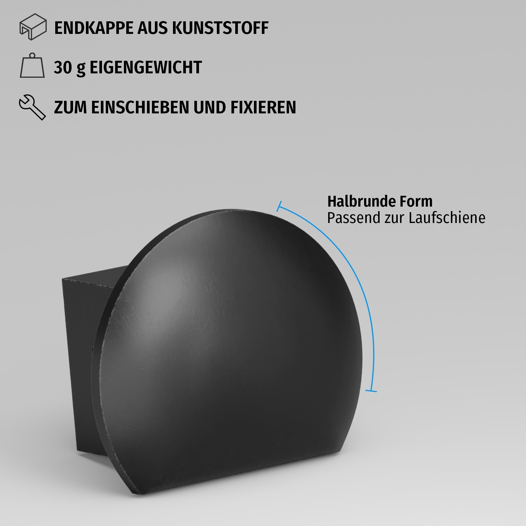 Endkappe für Laufschiene, halb rund - Links