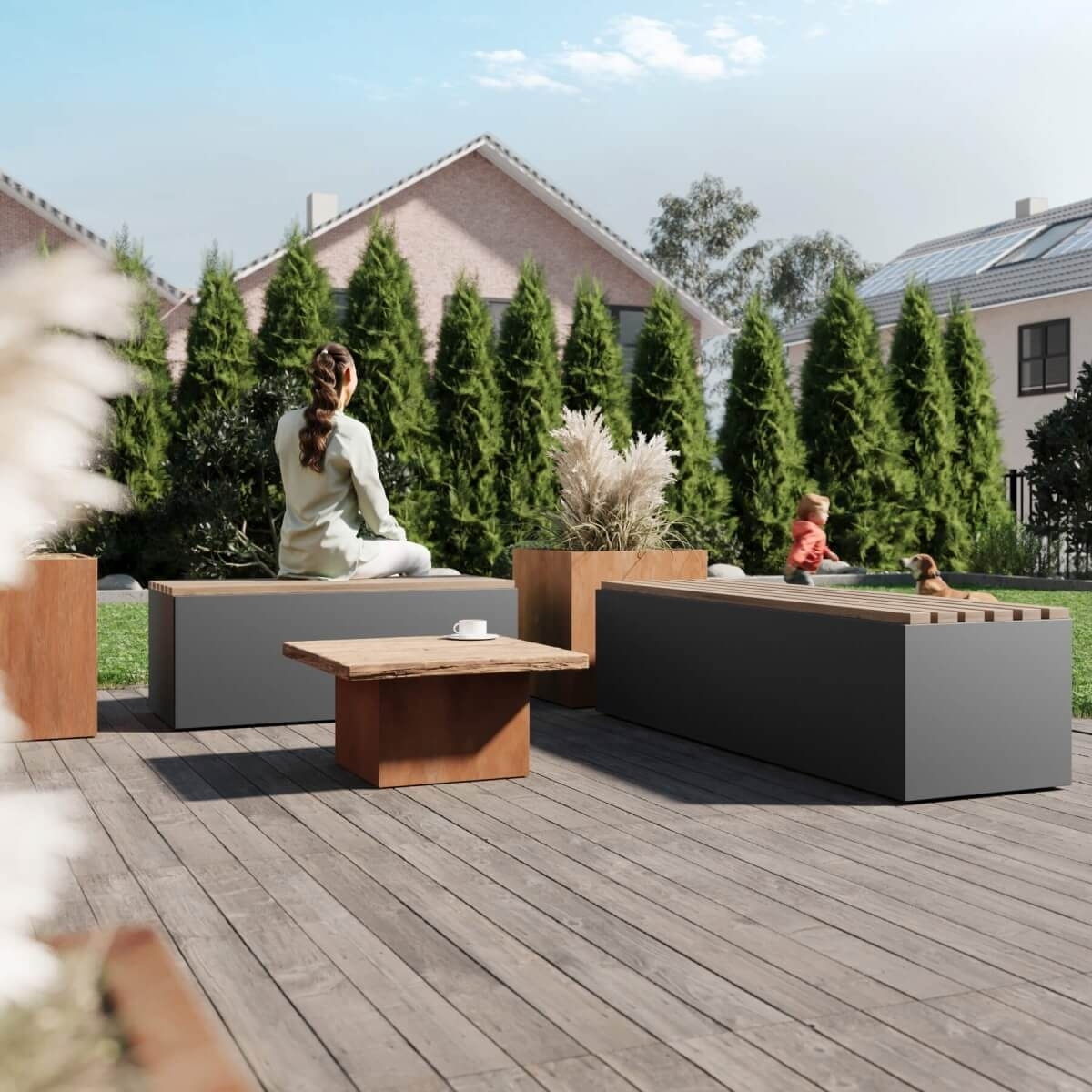 Sitzbank 185 cm breit aus beschichtetem Stahl und Holz