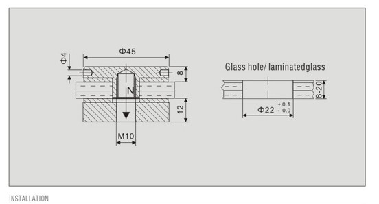 Punkthalter Glas 8-20 mm, flachbündig, Wandabstand 19 mm
