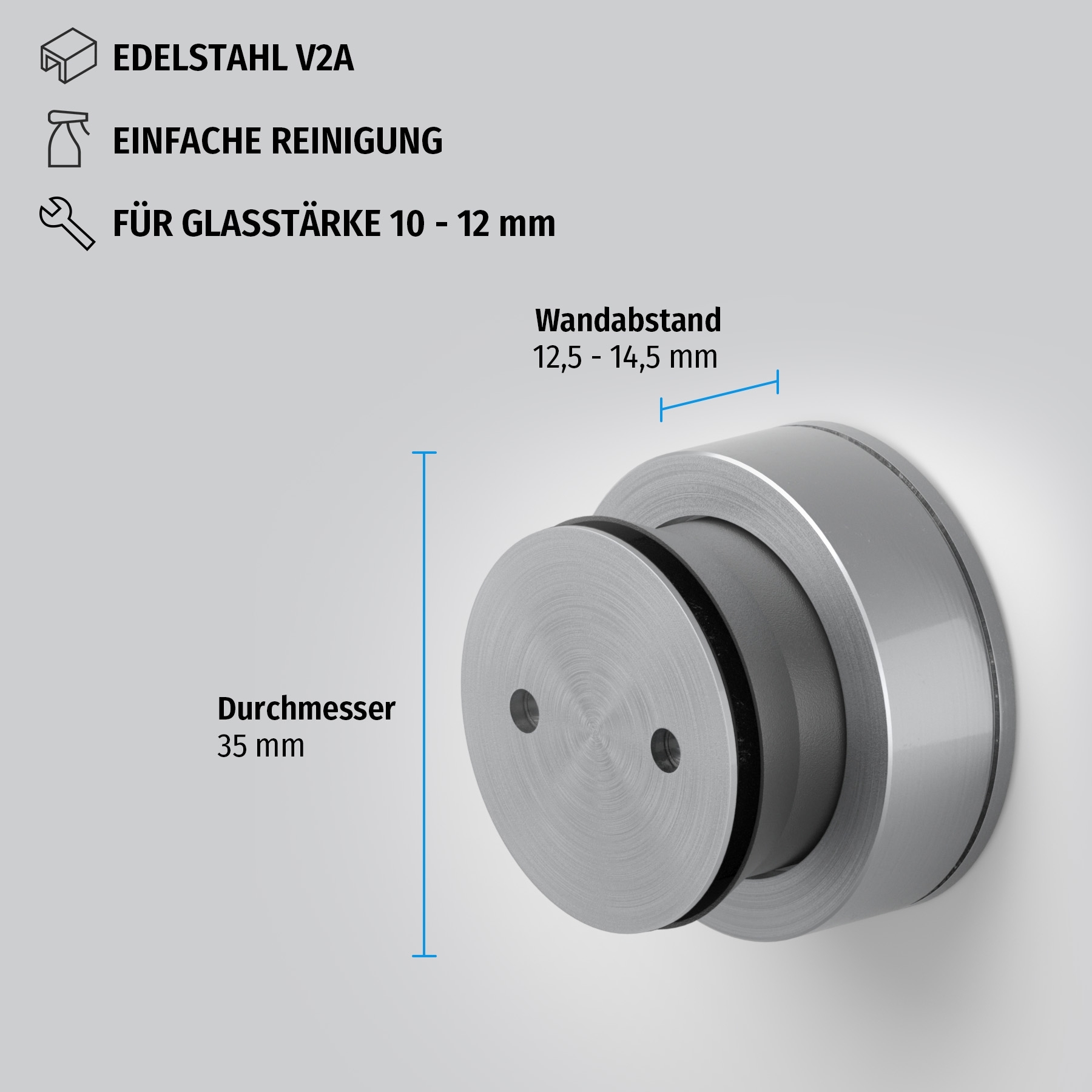 Punkthalter Glas-Wand, für 10-12 mm Glas, 12,5-14,5mm Wandabstand