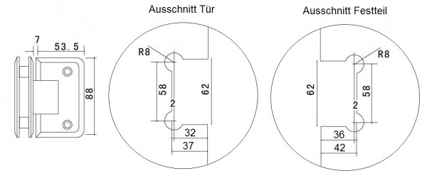 Scharnier Verbindung Glas-Glas 90° R/L Anschlag - Matt