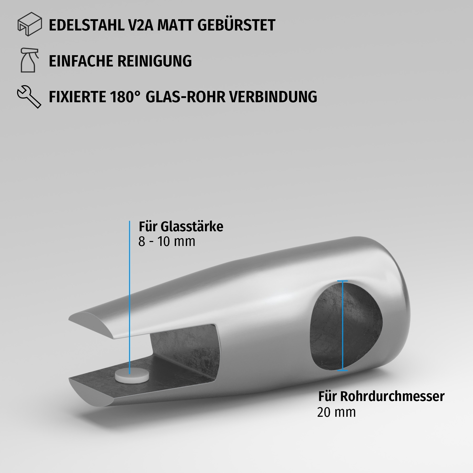 Glasklemme 180° für 20 mm Rundrohr | matt gebürstet