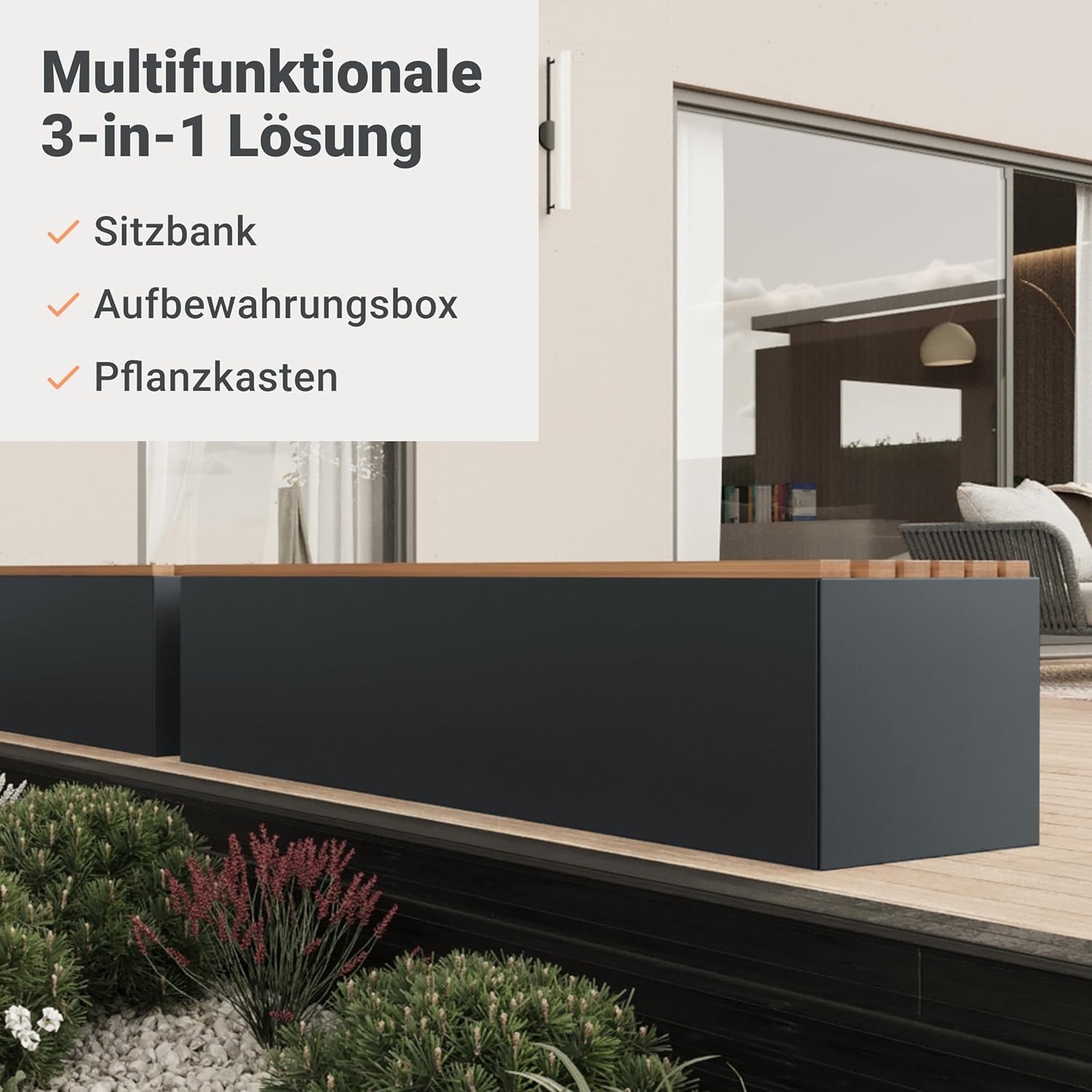 Sitzbank 185 cm breit aus beschichtetem Stahl und Holz