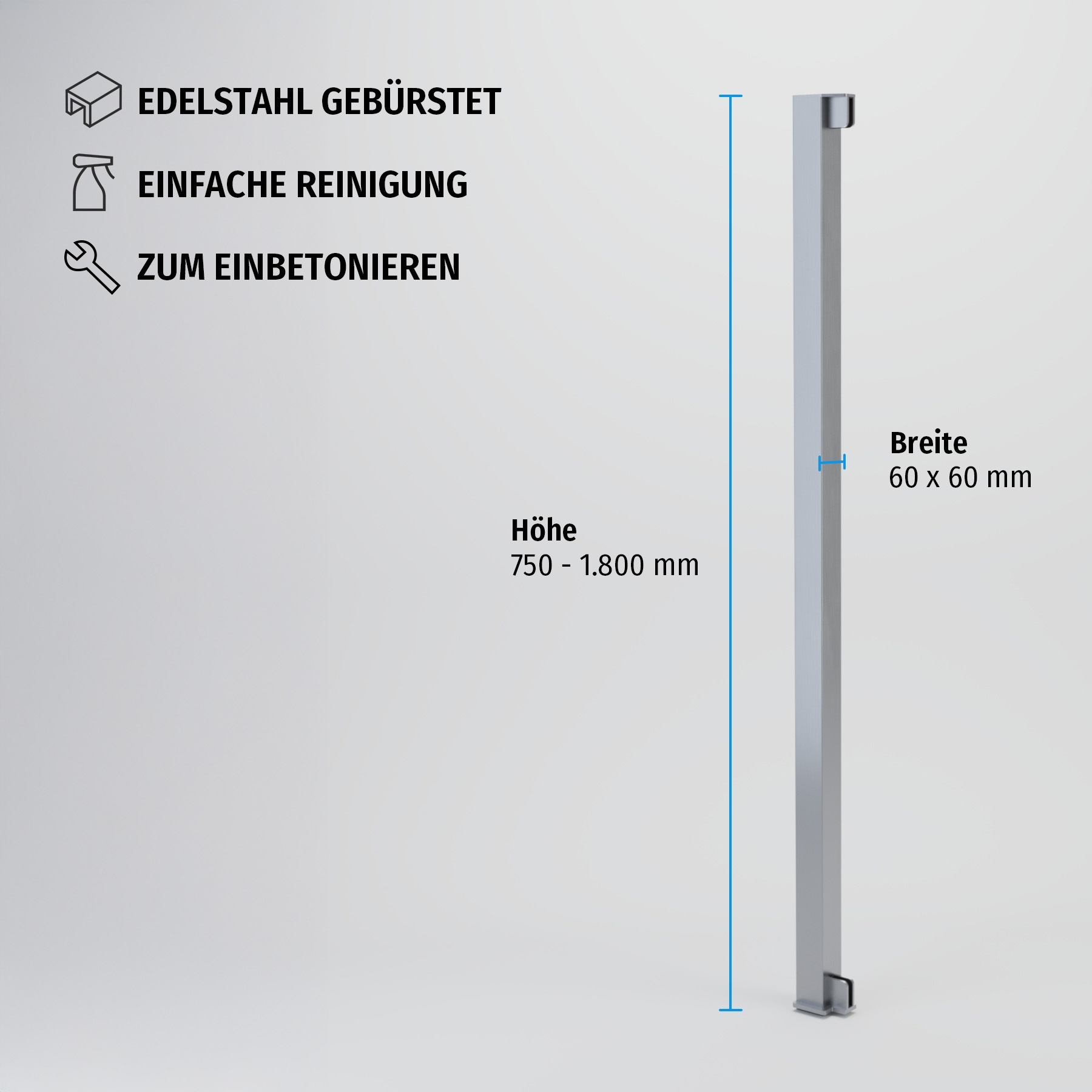 End-Pfosten System A 60x60 mm zum Einbetonieren