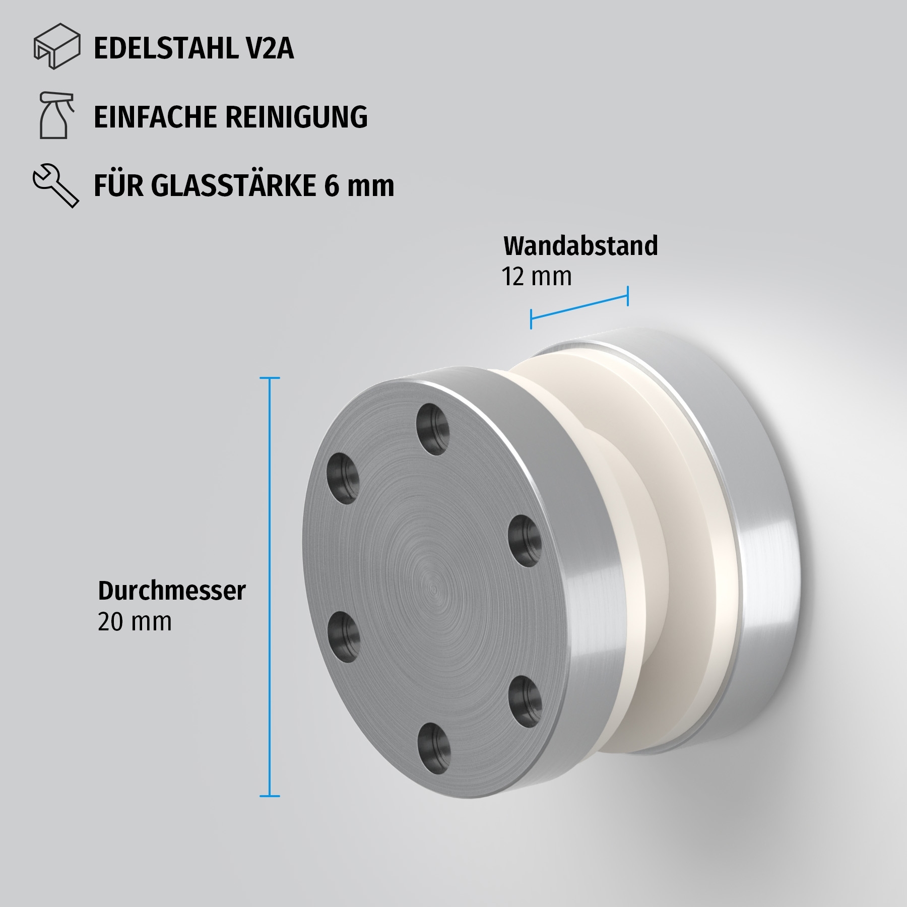Punkthalter Glas 6 mm, Lochdesign, Wandabstand 12 mm