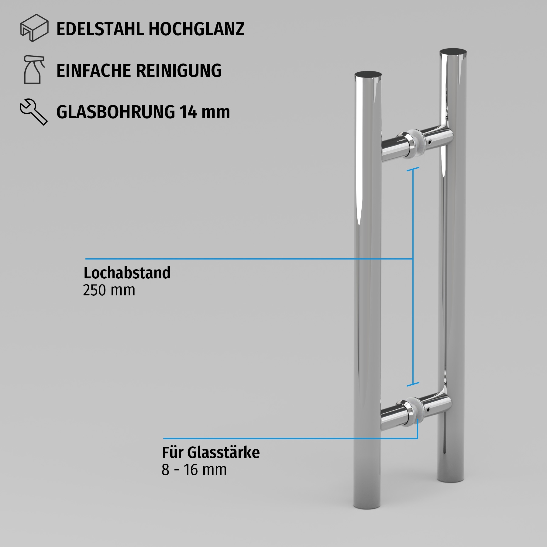 Griffstange 400 mm | beidseitig | Hochglanz | Lochabstand 250 mm
