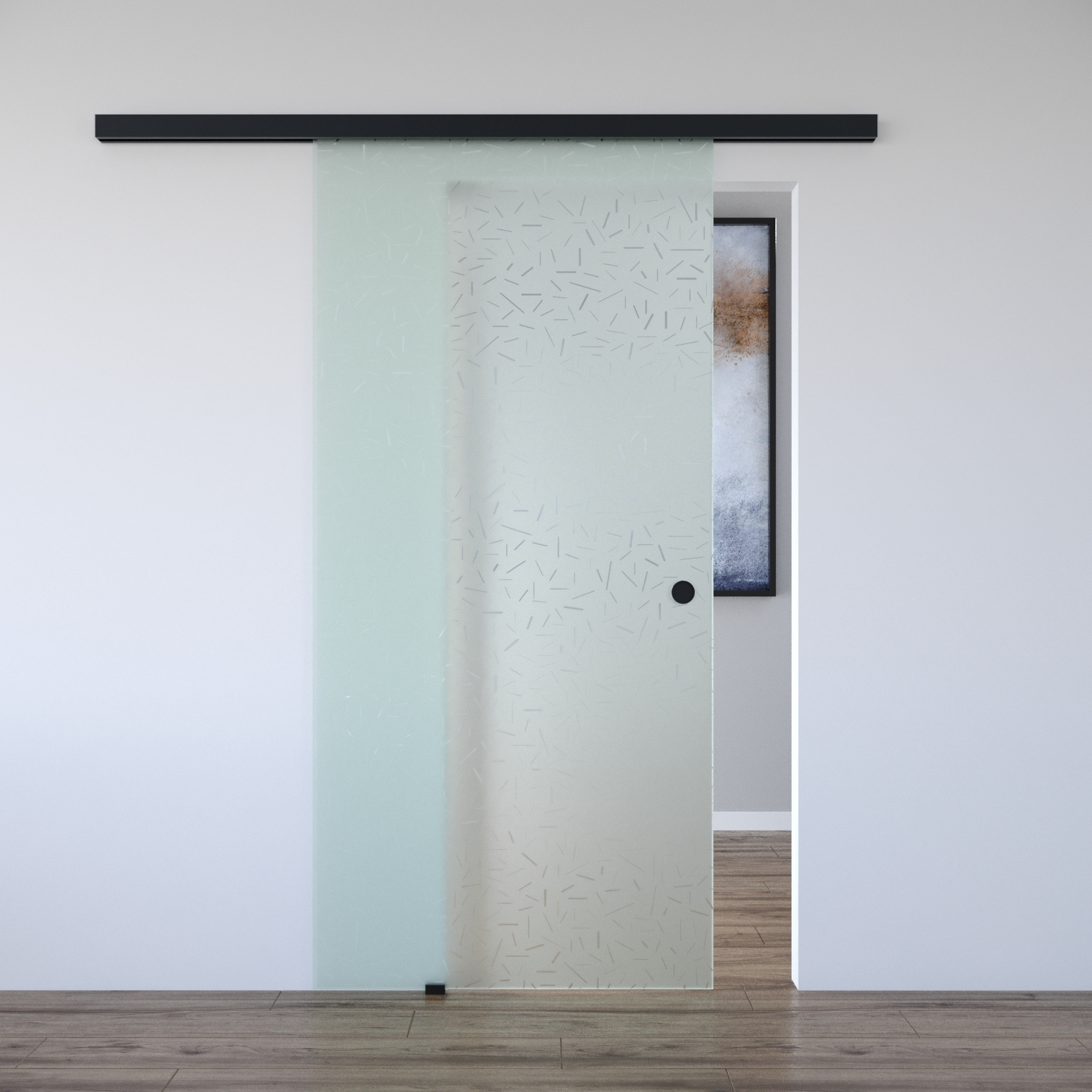 Schiebetür Komplettsystem mit Softclose, Klarglas Muster "STRATO", 925 x 2045 mm, Schwarz