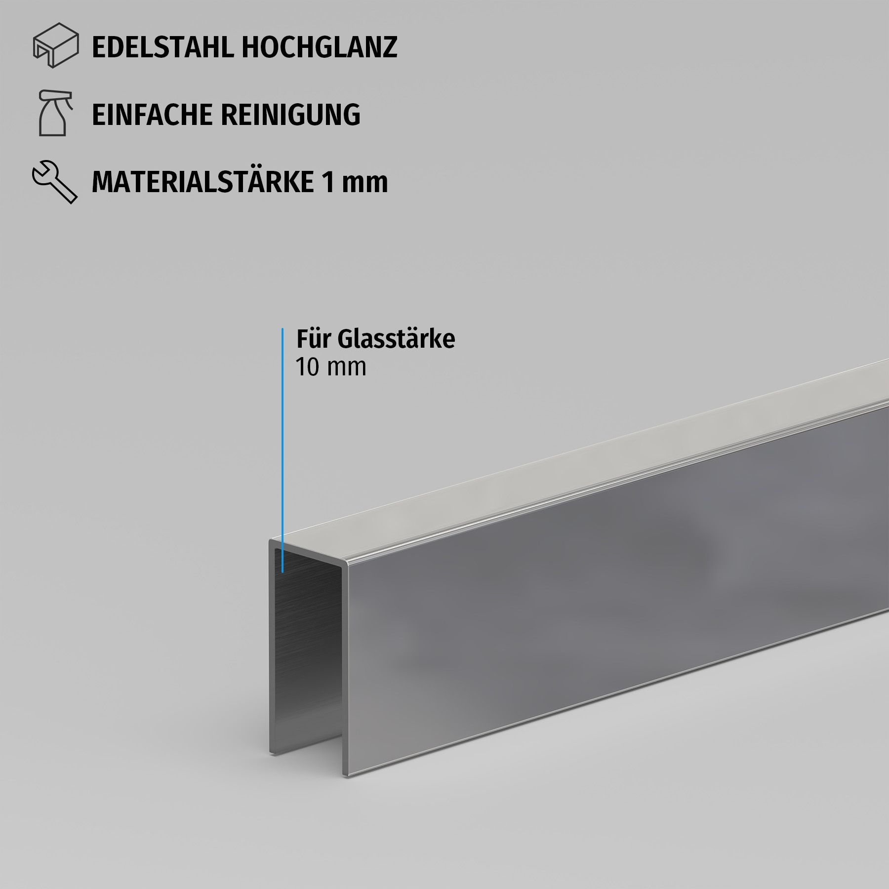 U-Profil - Innenmaß 10,5 x 24 mm - 2,5 m lang - Hochglanz