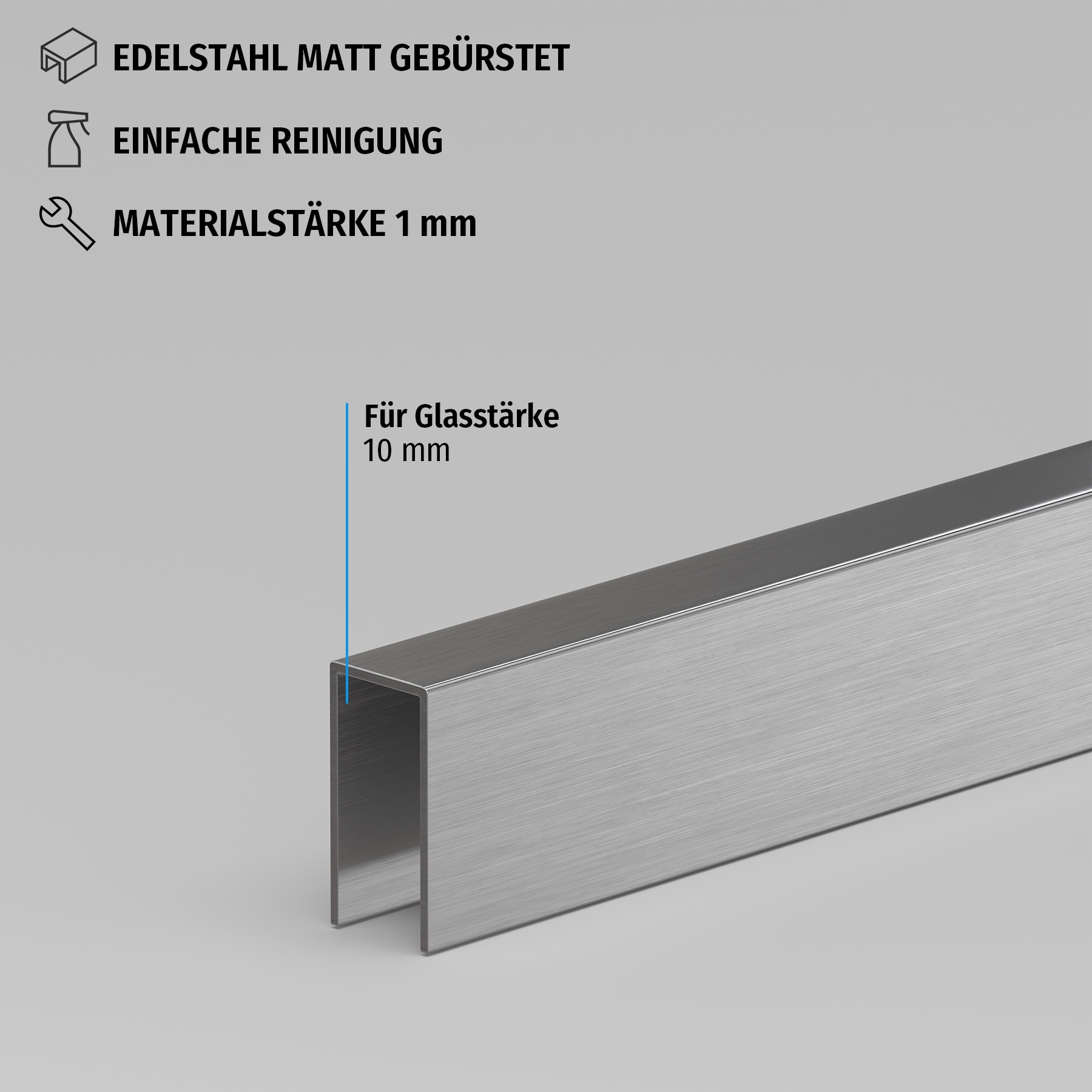 U-Profil - Innenmaß 10,5 x 24 mm - 2,5 m lang - Matt gebürstet