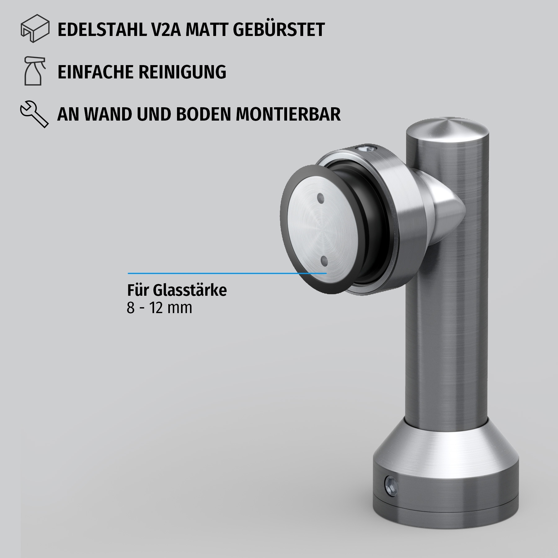 Glas-Wand-Verbinder Edelstahl 90° mit Fuss - fest 10-12 mm