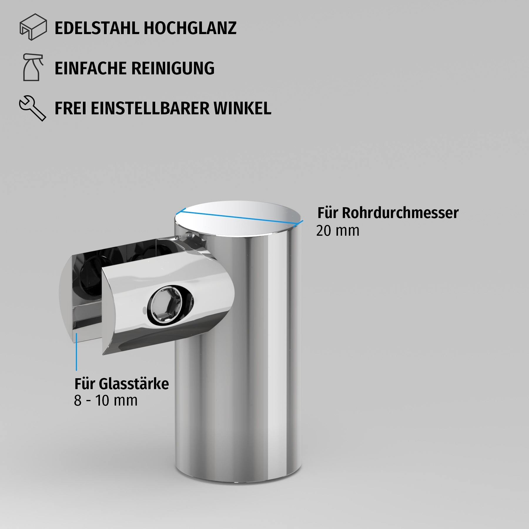 Glasklemme variabel für Rohr 20 mm | Hochglanz