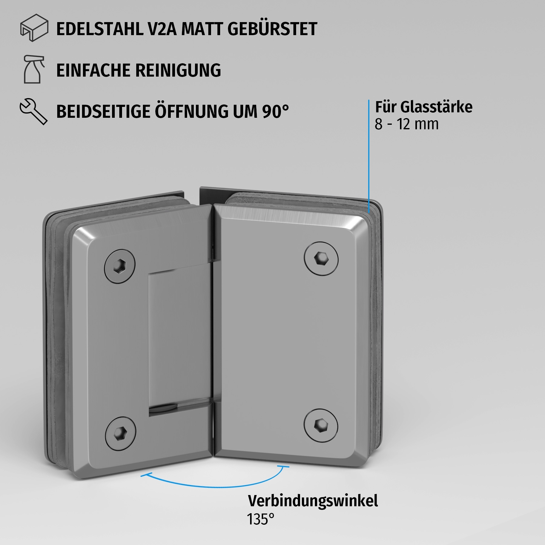 Scharnier Verbindung | Glas-Glas 135° | matt | R/L Anschlag