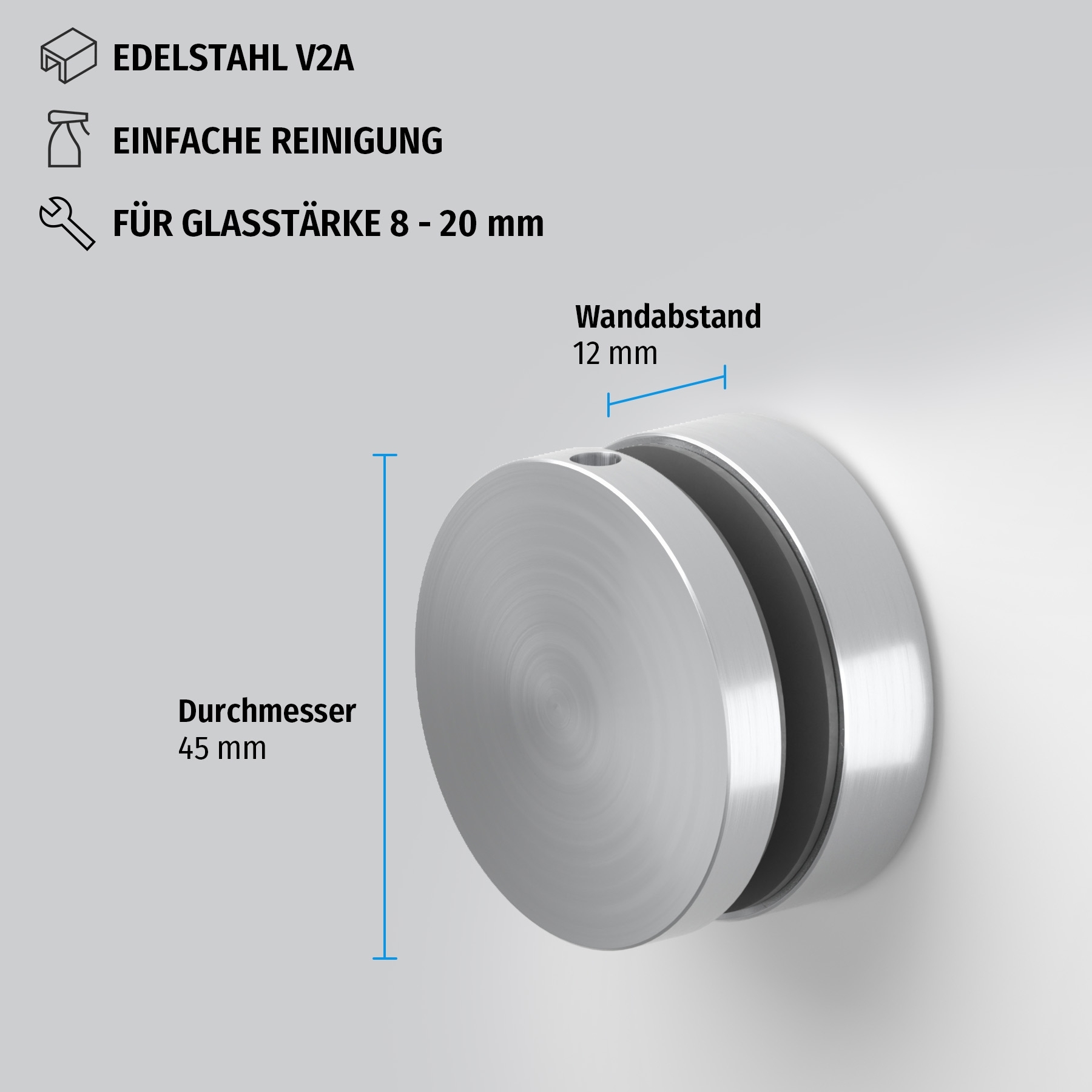 Punkthalter Glas 8-20 mm, flachbündig, Wandabstand 19 mm