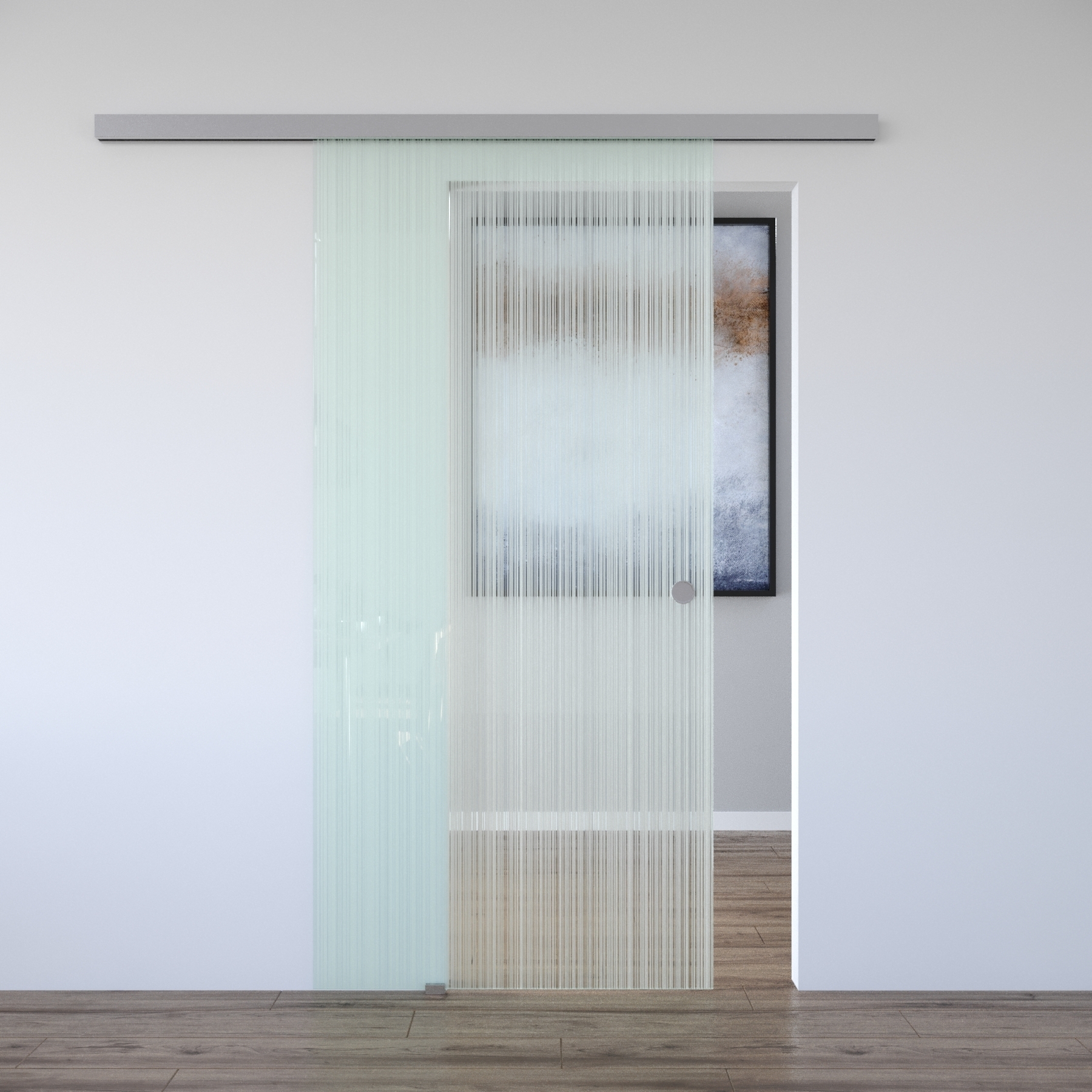 Schiebetür Komplettsystem mit Softclose, Klarglas Muster "STRIPES DA", 925 x 2045 mm, Edelstahloptik
