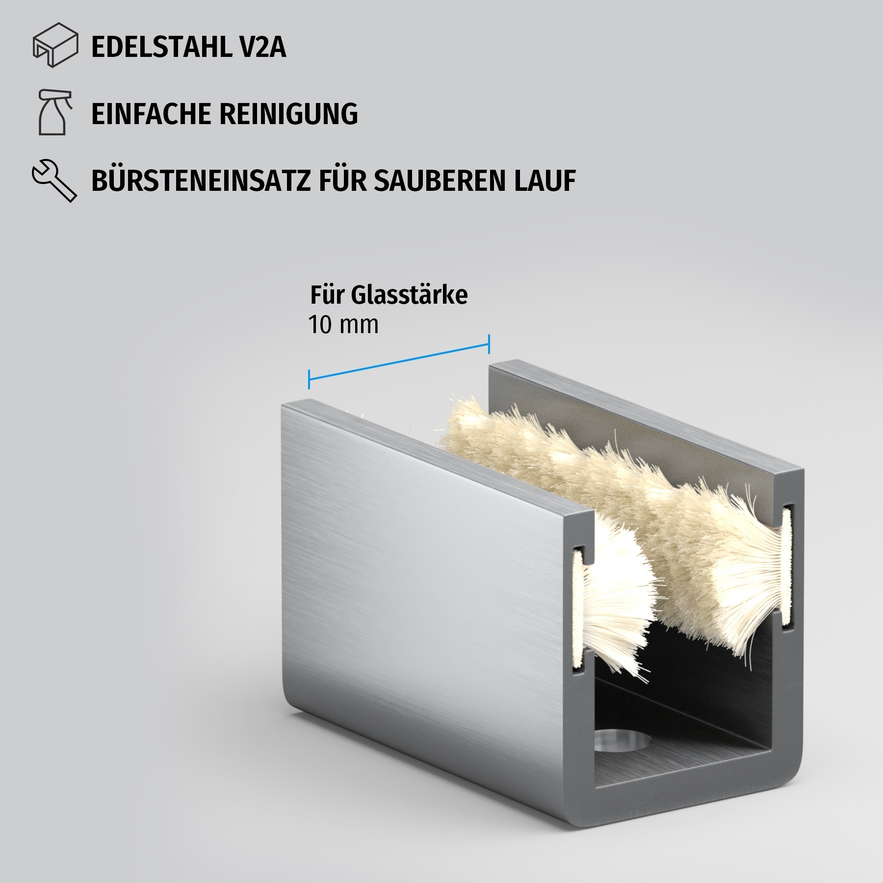 Bodenführung für 10 mm Glas - mit Bürsteneinsatz