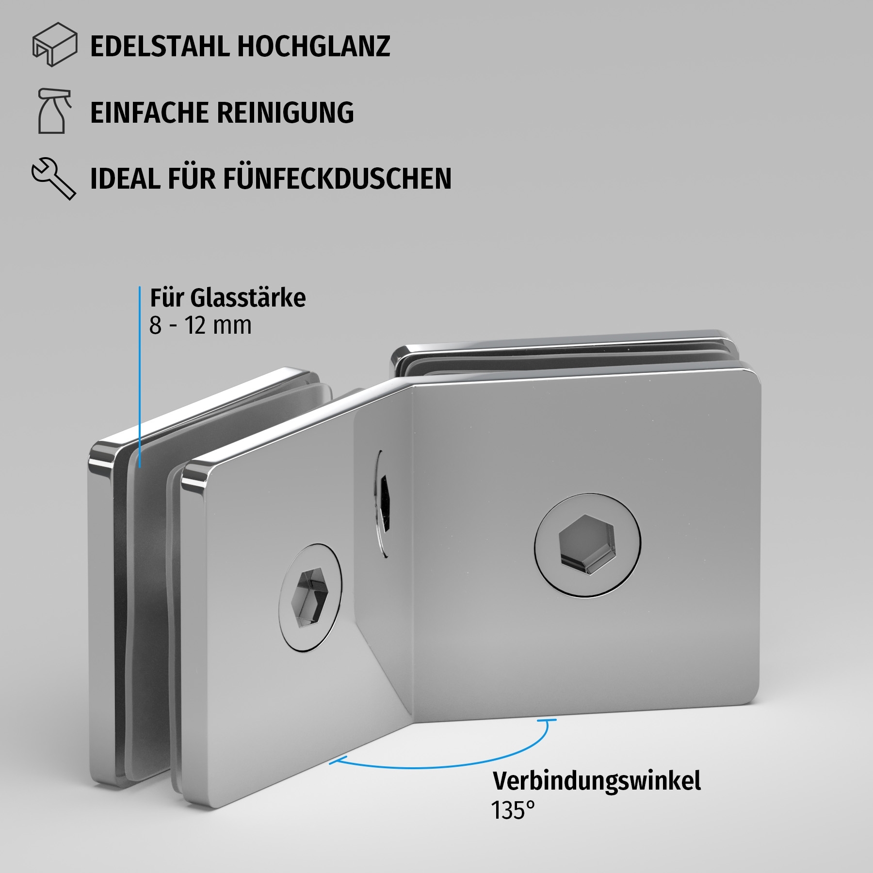 Winkelverbinder | Glas-Glas 135° | Hochglanz